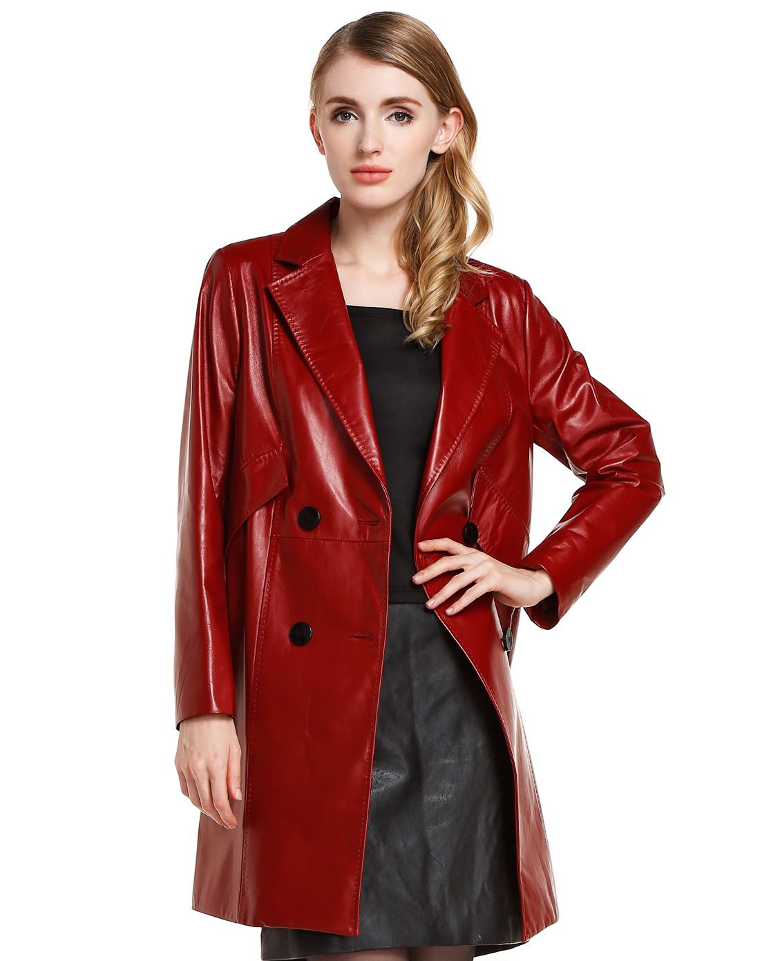 深红色欧美风双排扣长袖长款皮衣