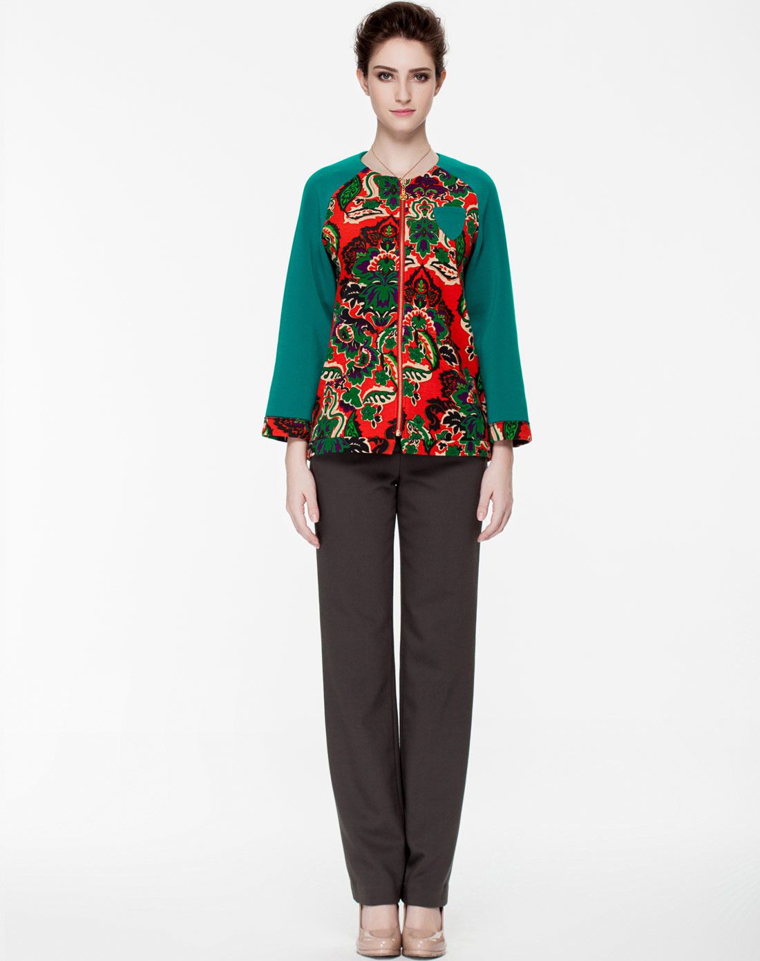 女红绿花佩斯利花针织外套