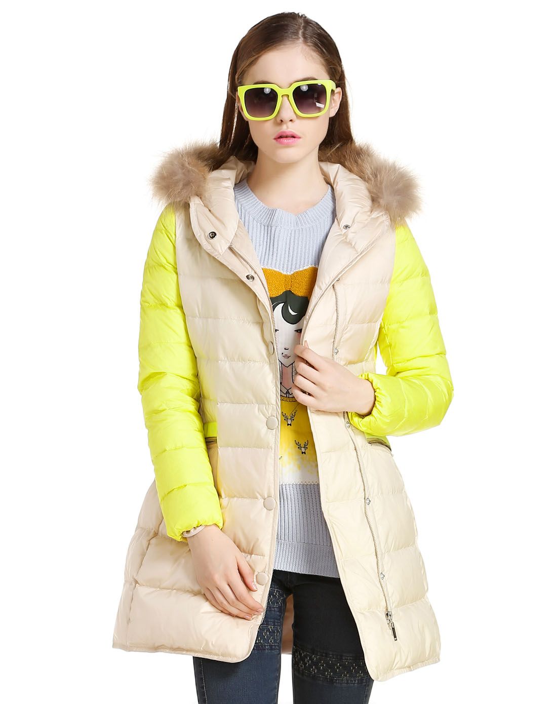 mikibana&allascala女装浅杏/黄色连帽双袋长袖羽绒服m44dt1841k01