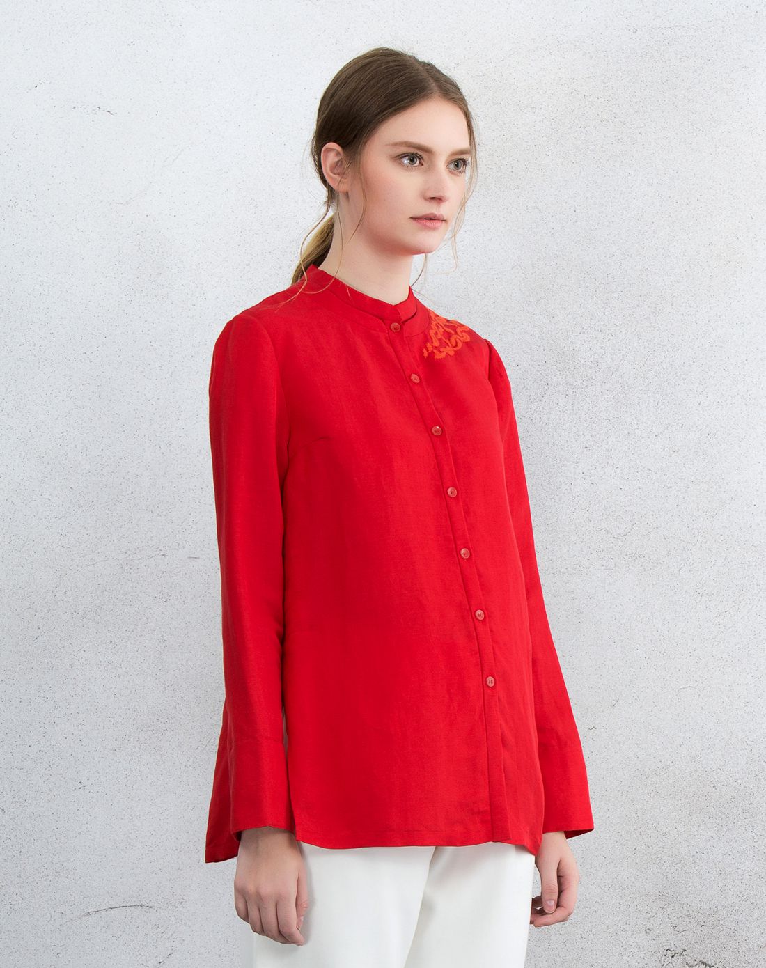 大红中式领衬衫