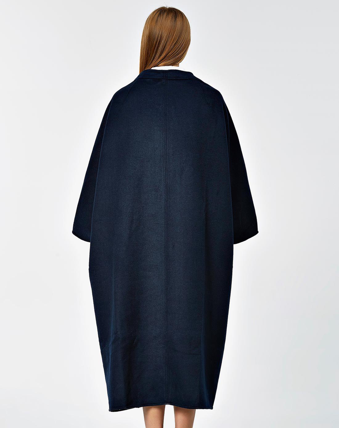 深蓝宽松羊毛保暖斗篷外套