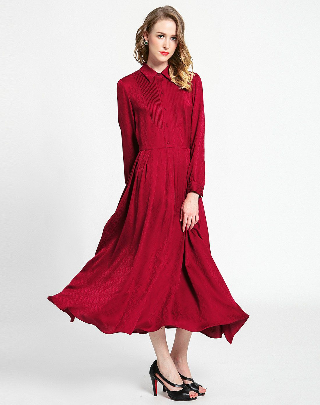 红色长袖修身中长款真丝连衣裙