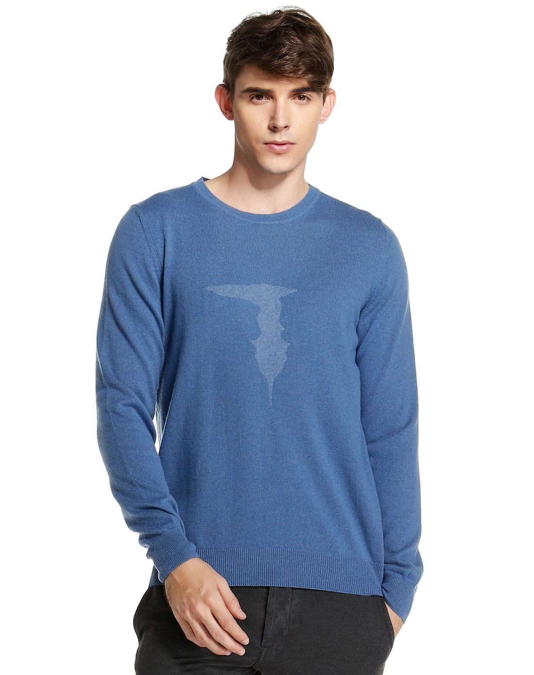 男款灰蓝色舒适圆领长袖针织衫