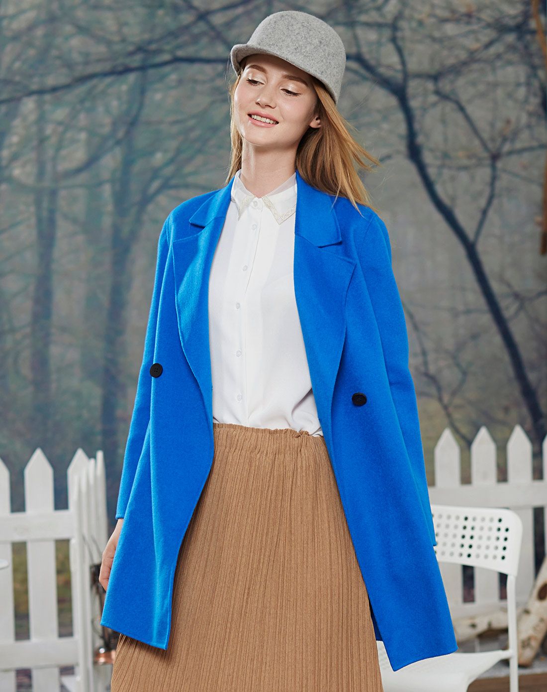 女天蓝色山羊绒中长休闲双面羊绒大衣