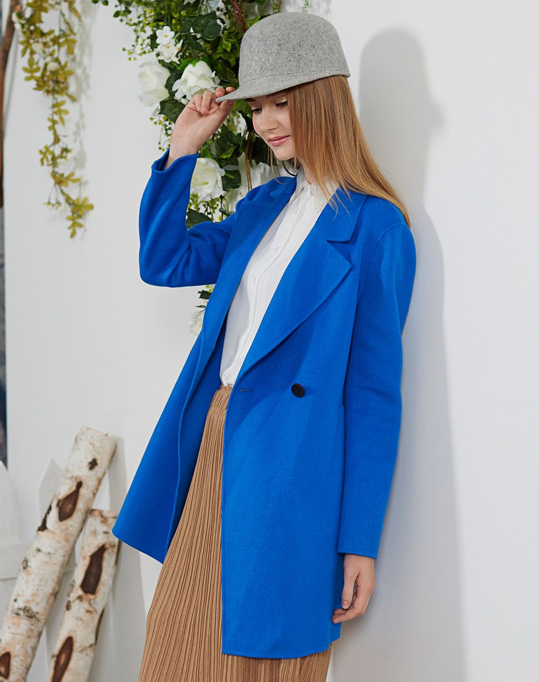 女天蓝色山羊绒中长休闲双面羊绒大衣