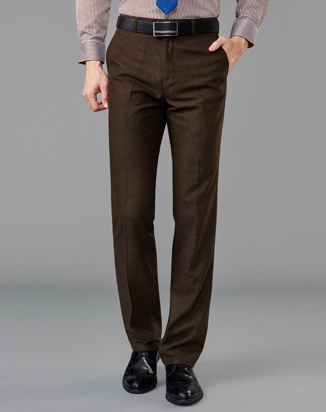 咖啡色磨毛直筒商务西裤
