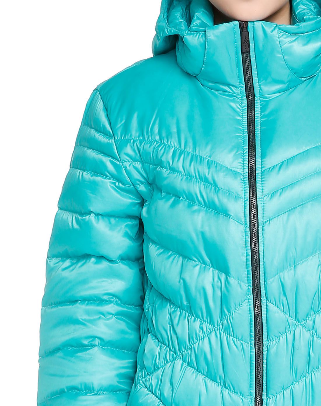 透气恒温 女款蓝绿色连帽长袖羽绒服
