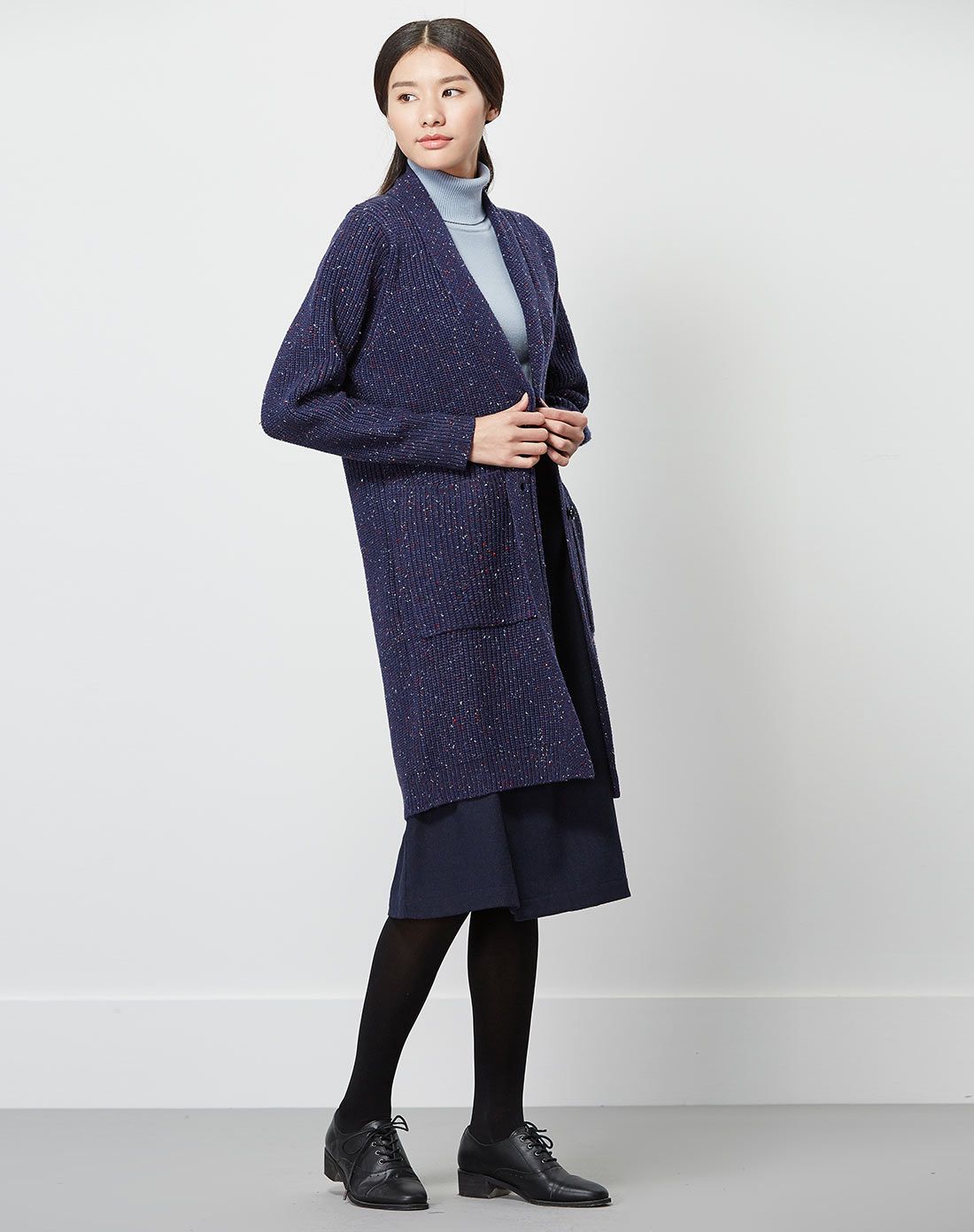 初棉女装移动专场藏蓝大贴袋中长款青果领针织开衫272606031g021_唯品