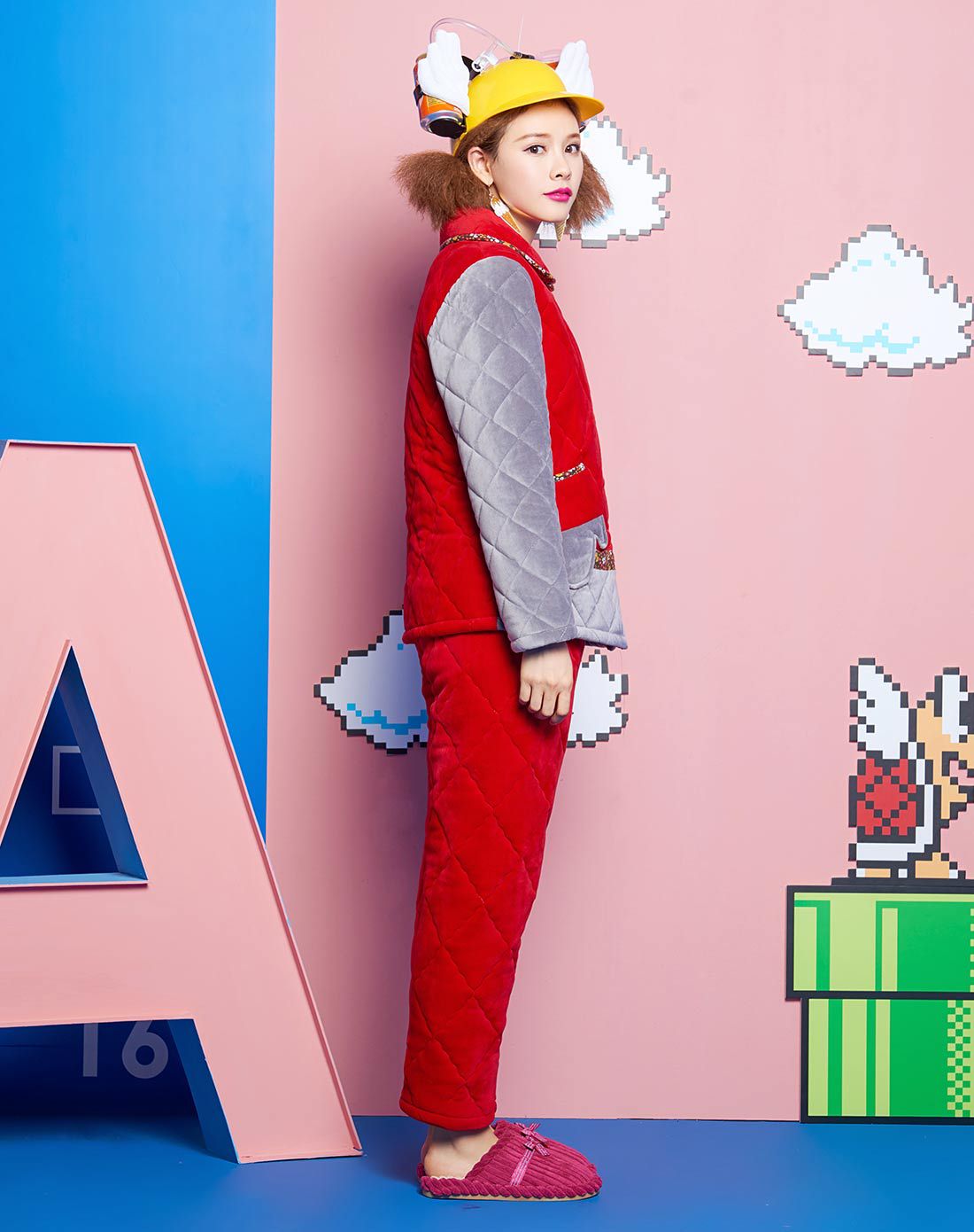 安之伴家居服男女贝贝绒素色绣猫头夹棉女套装大红64k522425_唯品会