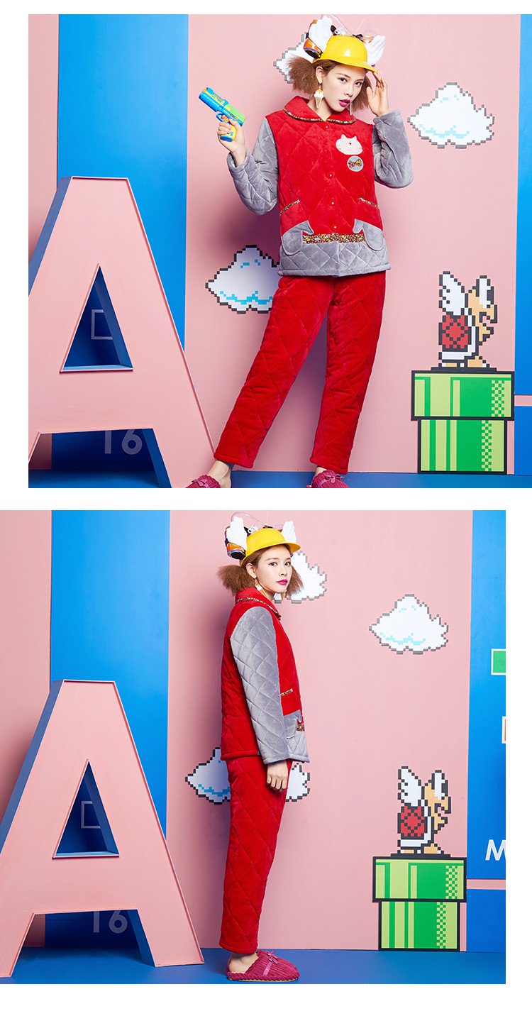 安之伴贝贝绒素色绣猫头夹棉女套装64k522425_唯品会