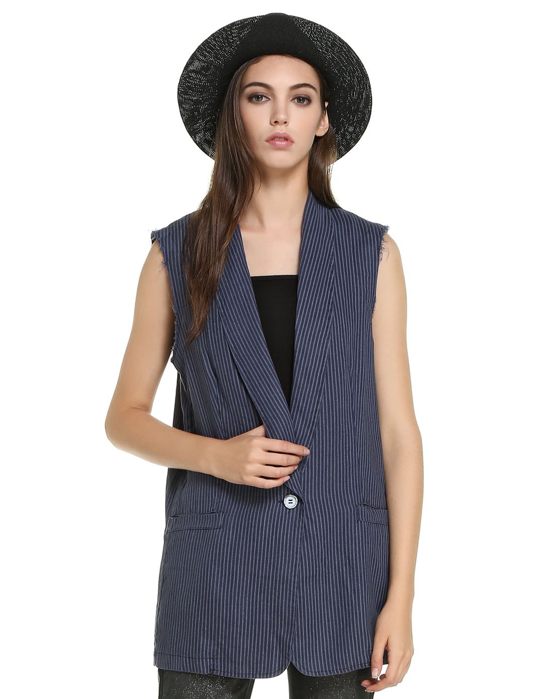 藏蓝色时尚百搭条纹开襟无袖马甲