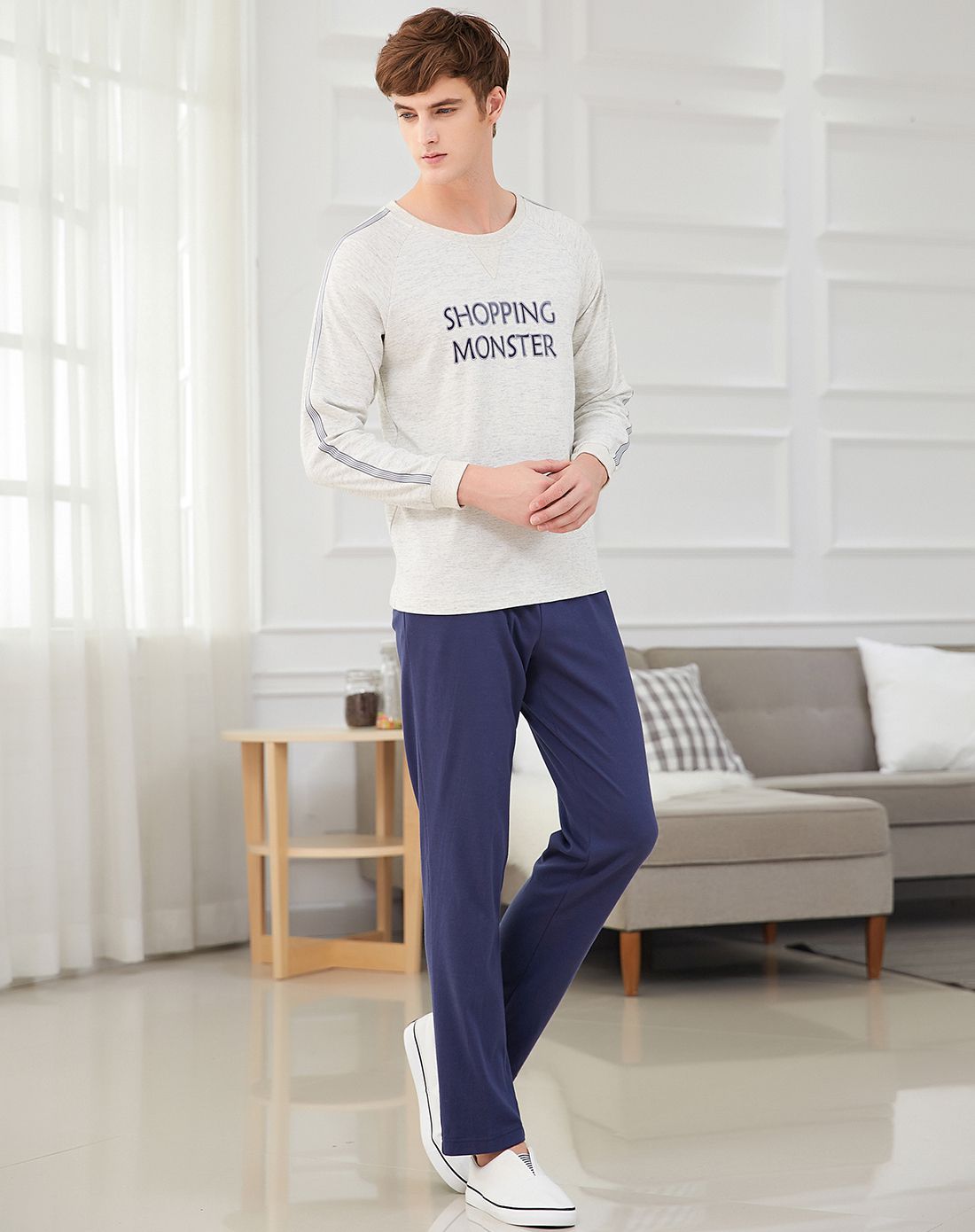 侬媚儿米花灰针织双面布长袖长裤男套