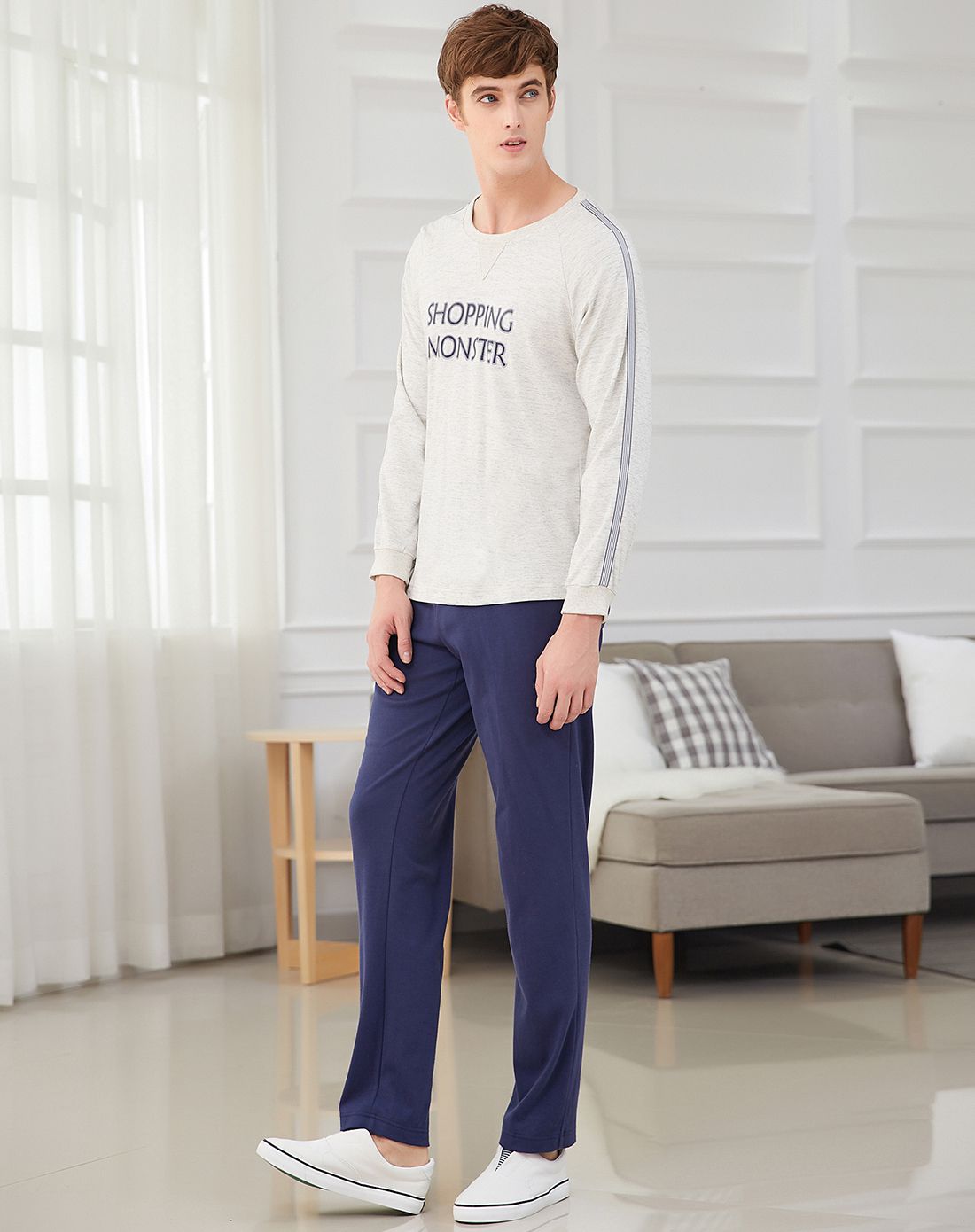 侬媚儿米花灰针织双面布长袖长裤男套