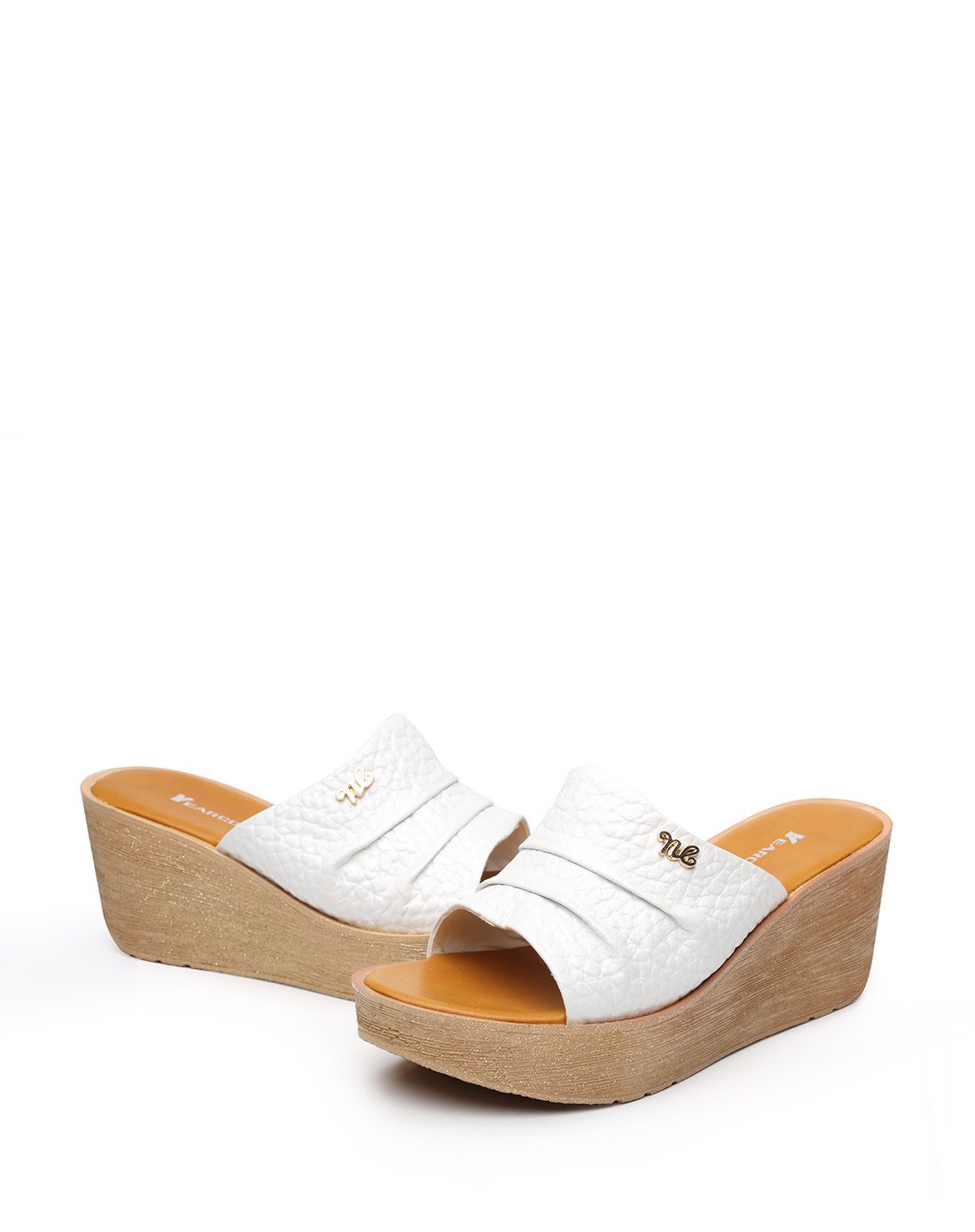 休闲白色坡跟牛皮凉拖鞋