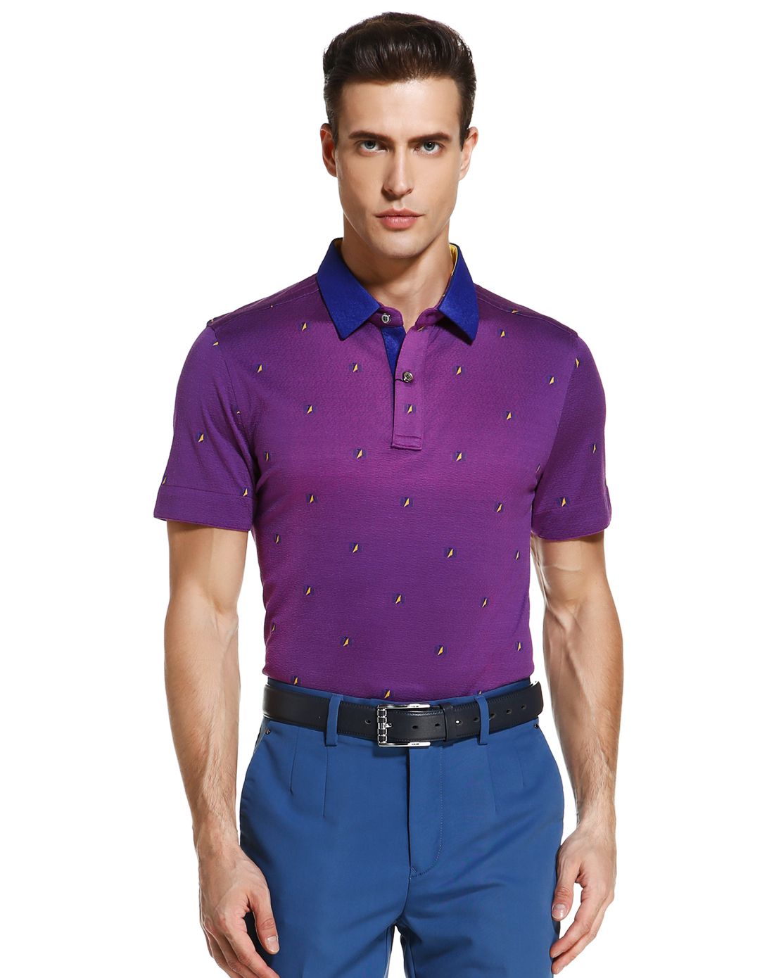 莱克代尔紫红色个性别致短袖翻领t恤