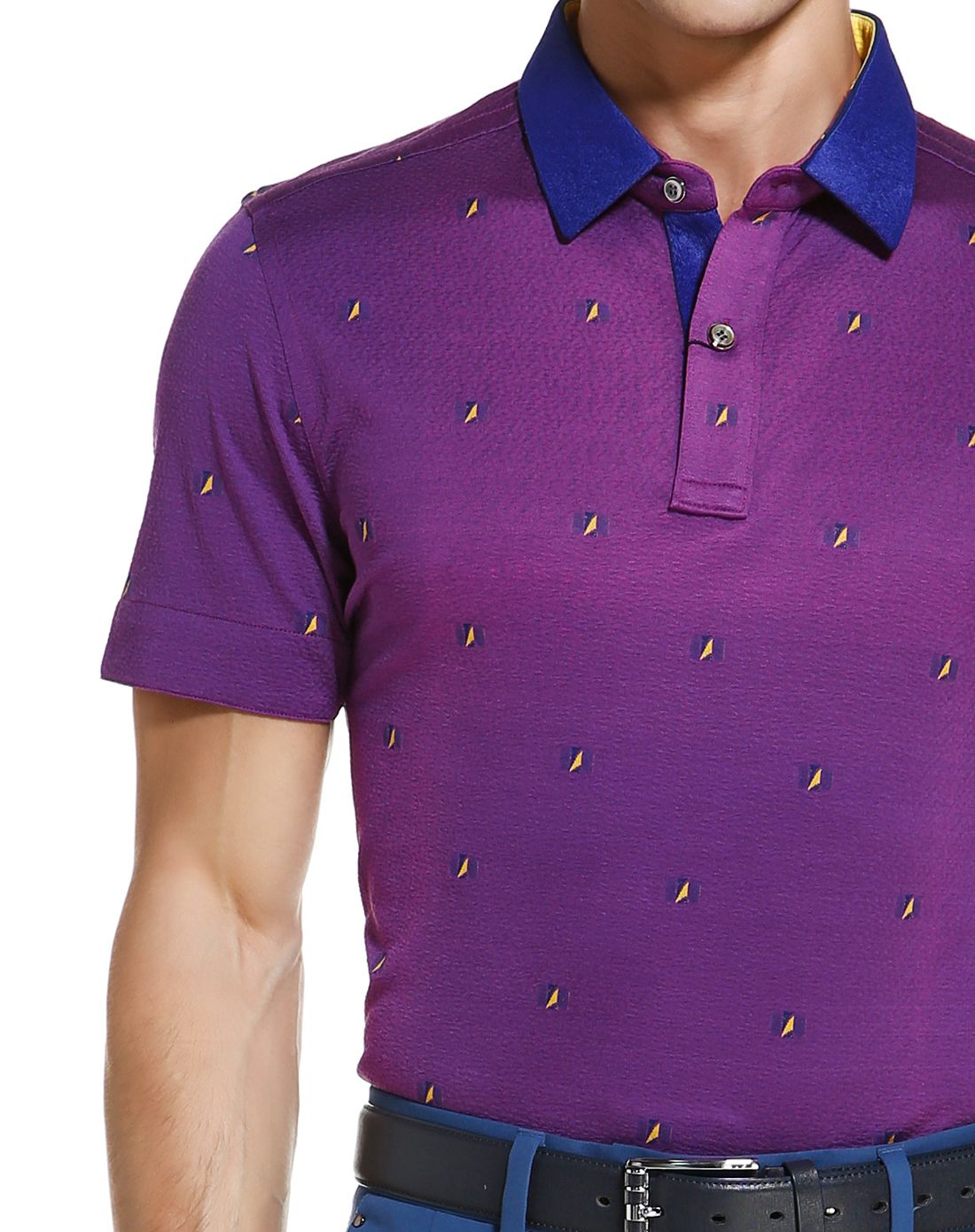 莱克代尔紫红色个性别致短袖翻领t恤