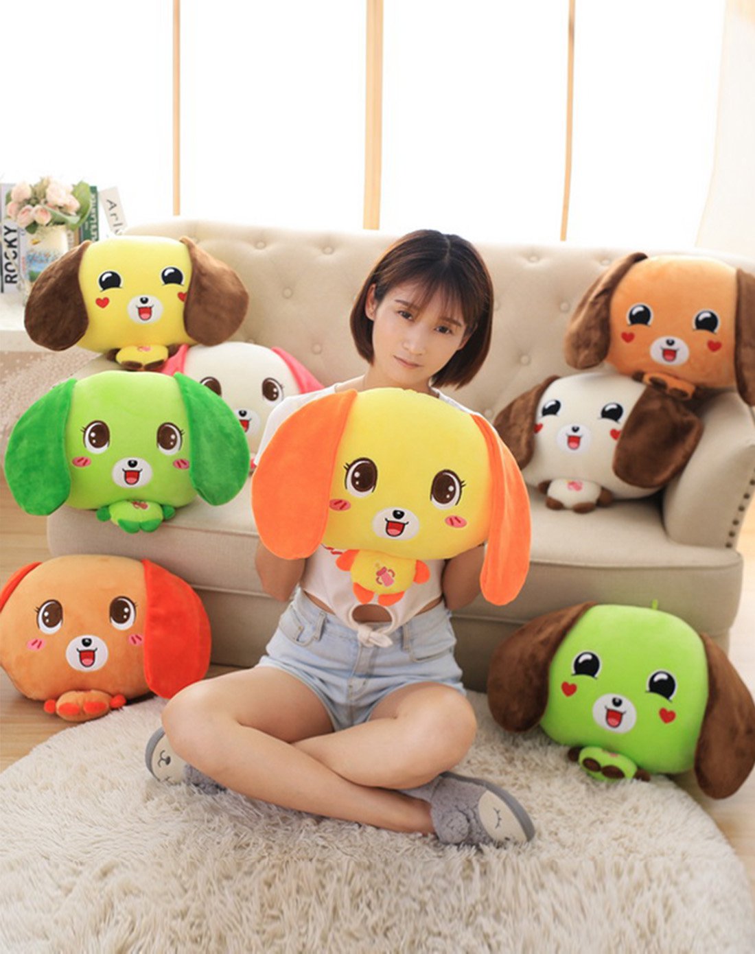 可爱卡通乖乖狗二合一毯子抱枕灰白