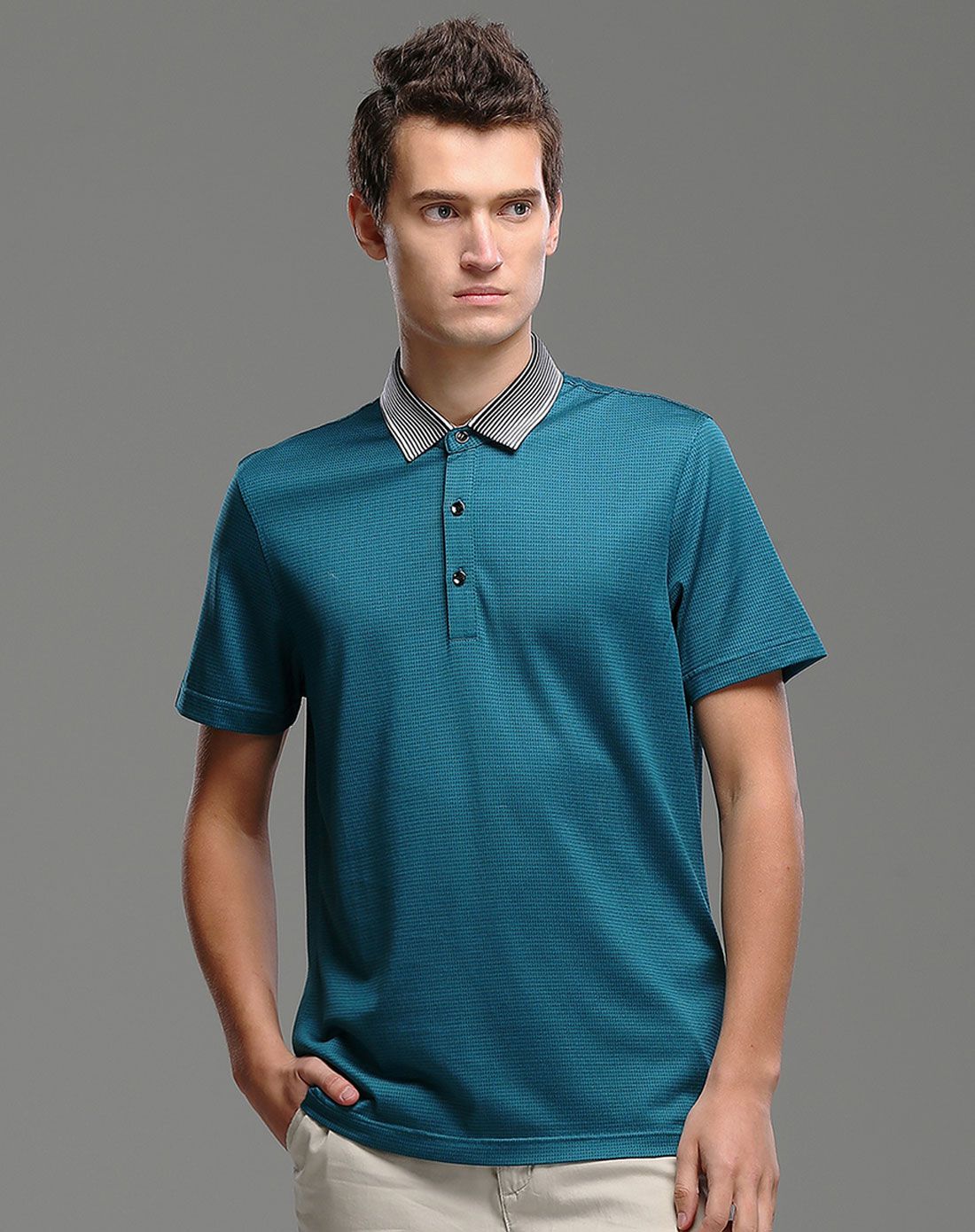 男灰绿色商务休闲桑蚕丝短袖t恤