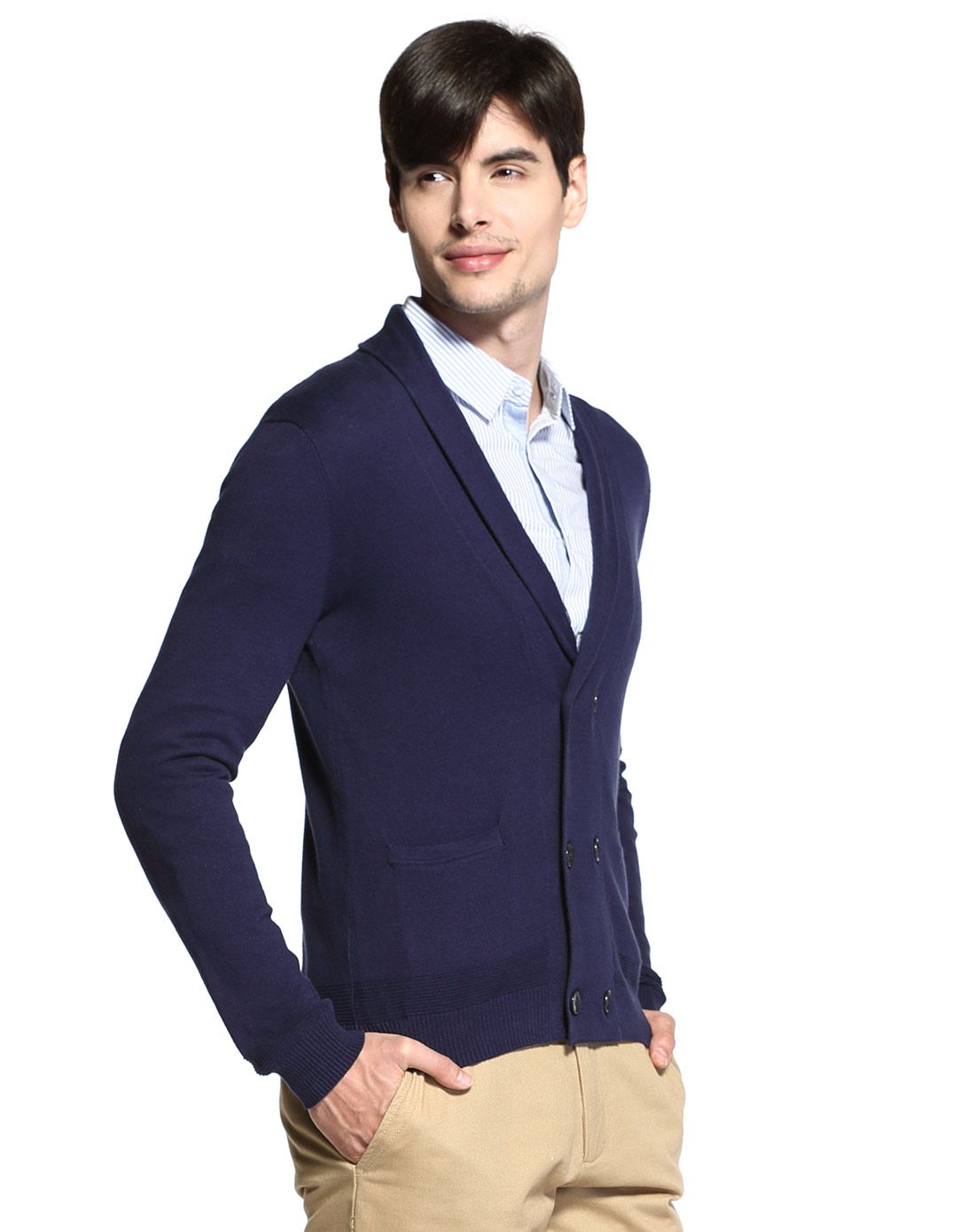 深藏蓝时尚百搭双排扣长袖针织开衫