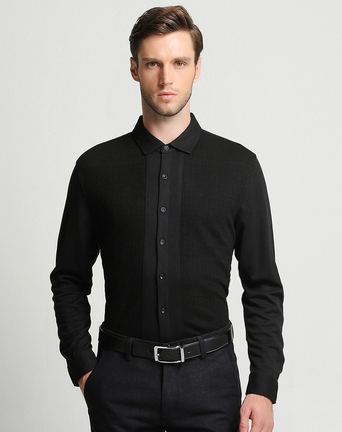 男士黑色简约百搭长袖衬衫