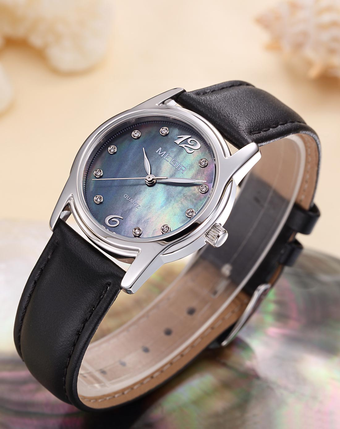 美格尔megir手表专场 黑色贝壳面夜光时尚女士石英表