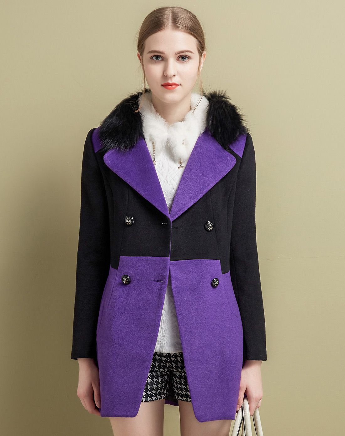 紫黑拼接双排扣毛呢外套