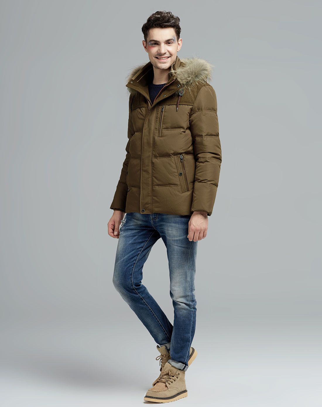 男款棕咖/红棕色时髦中长款长袖羽绒服