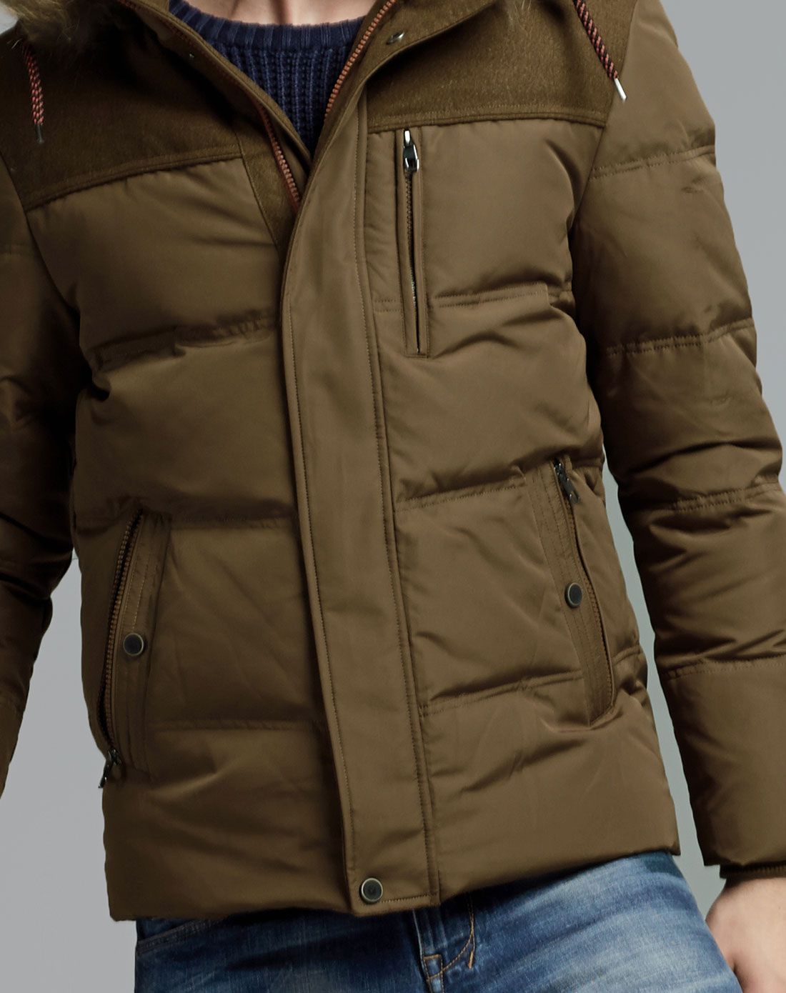 男款棕咖/红棕色时髦中长款长袖羽绒服