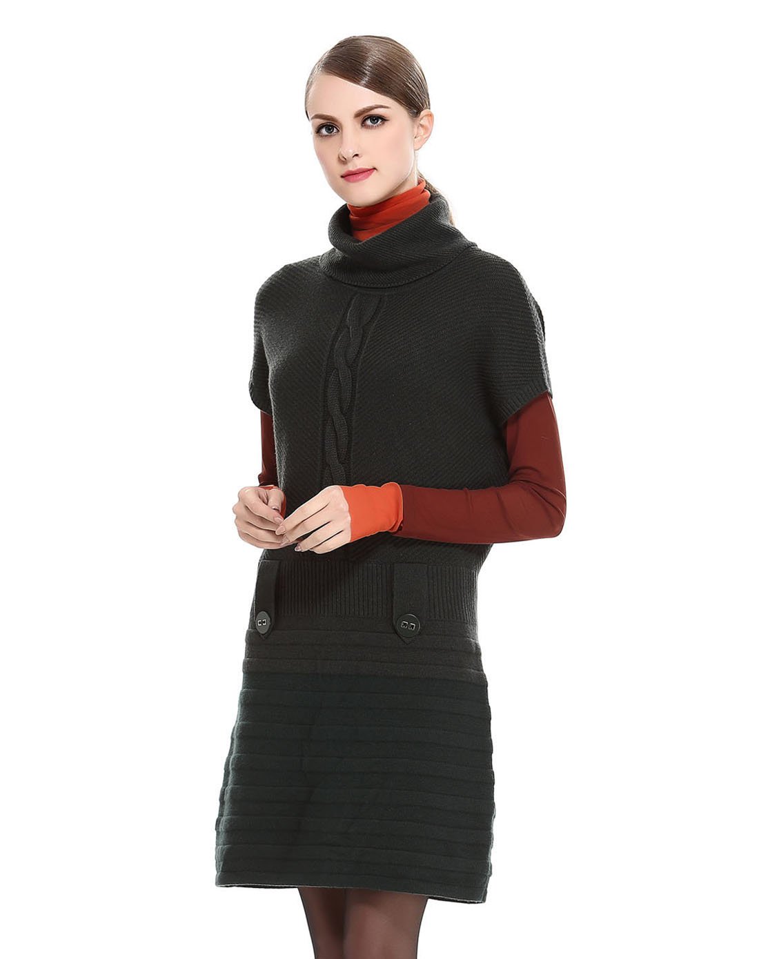 jetezo 深绿色高领舒适修身针织连衣裙522627e46_唯品会