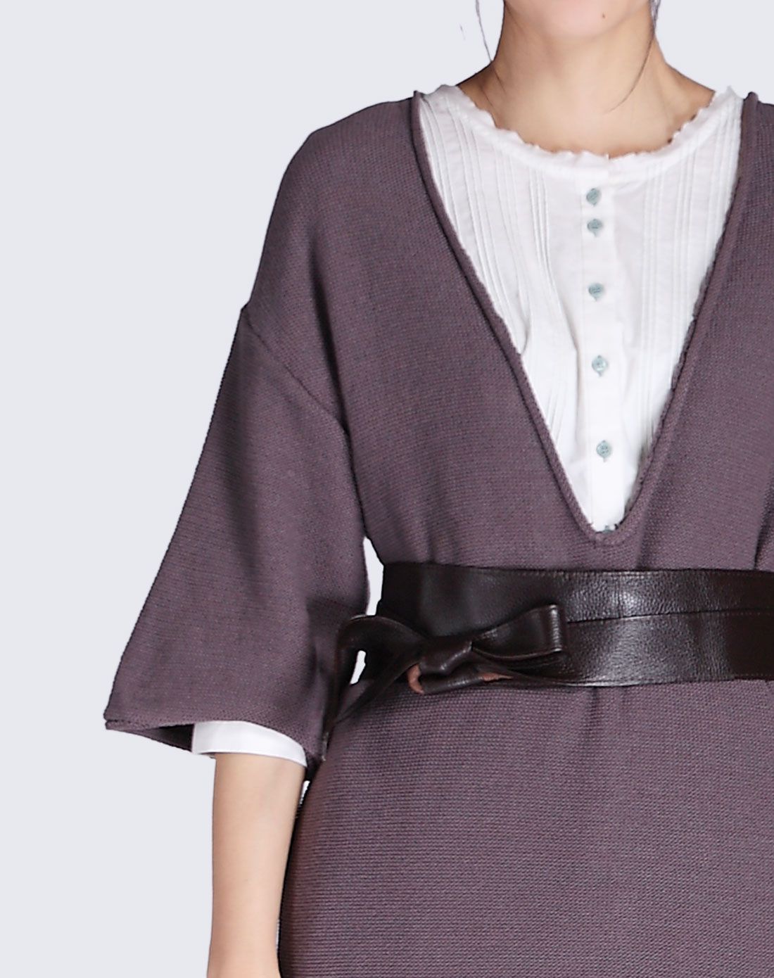 冷咖色纯色套头宽松v领毛针织衫