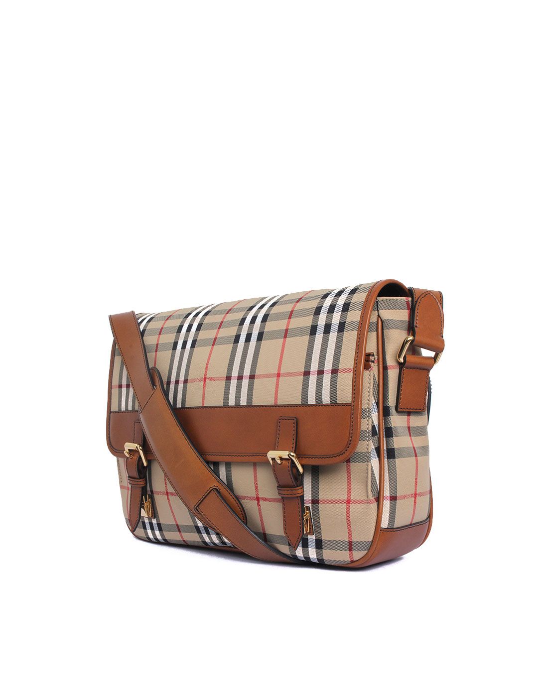 > burberry 男款杏啡格纹斜挎包