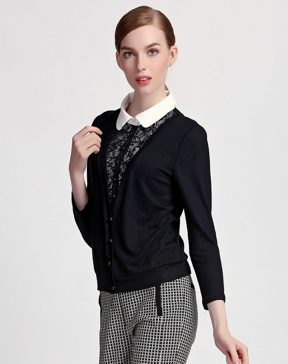 黑色弹力针织单上衣