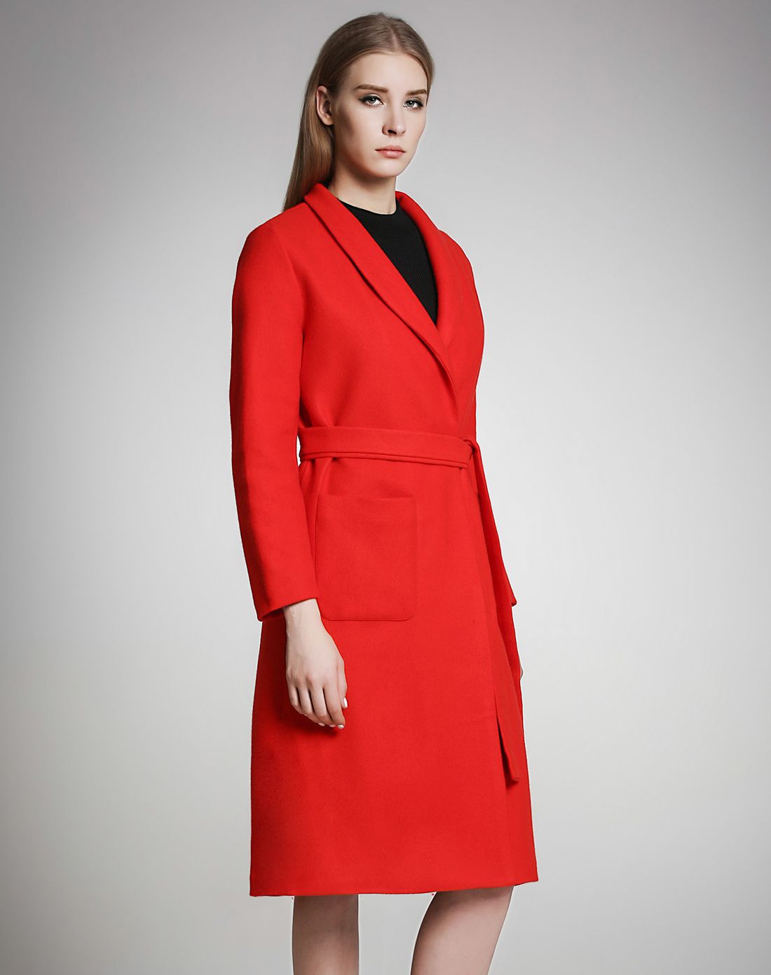 艾米拉aimila中国红腰带收腰呢大衣161w534r5_唯品会