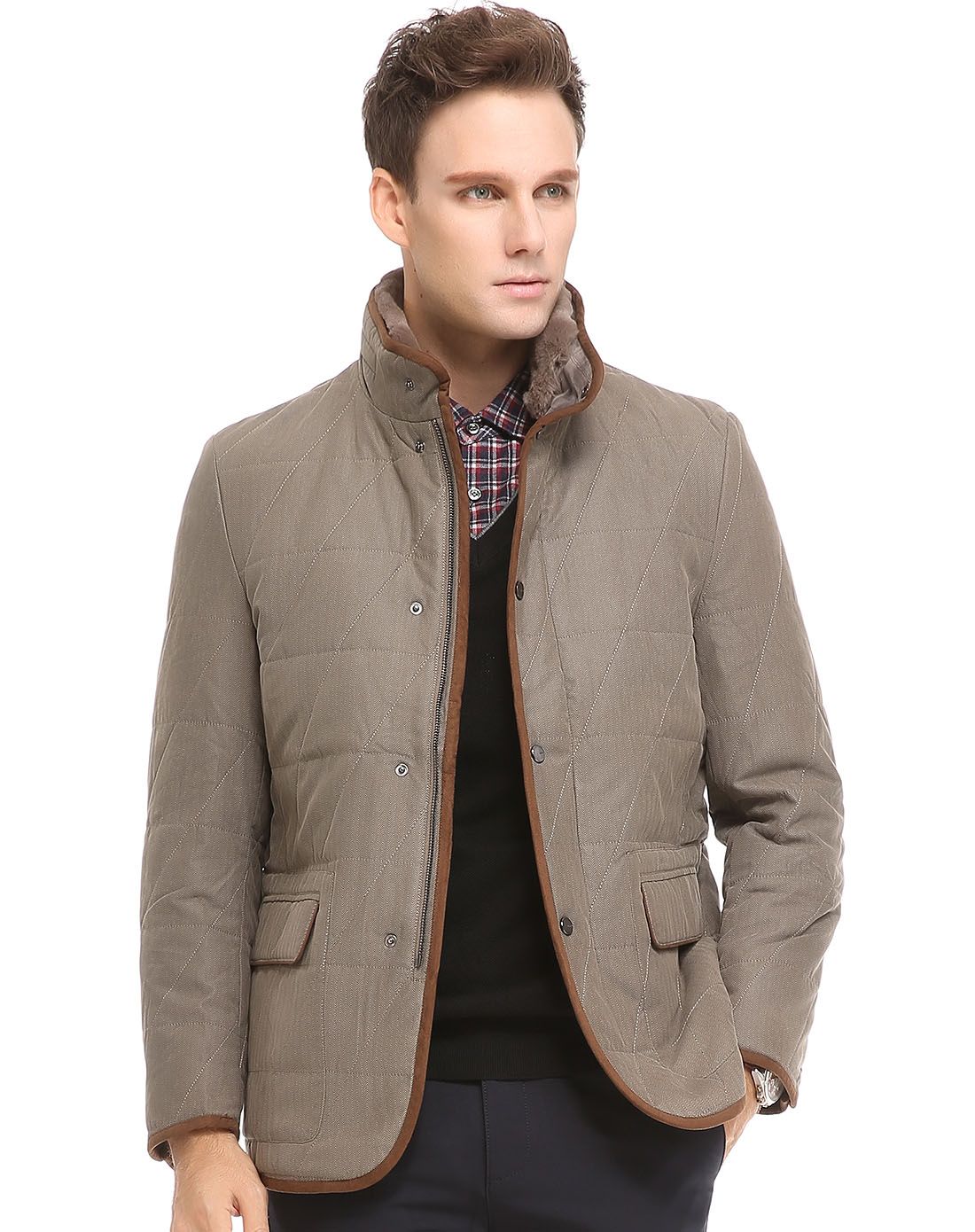 杰凡尼jevoni獭兔毛领人字纹稳重干练立领棉服j14441666-51_唯品会