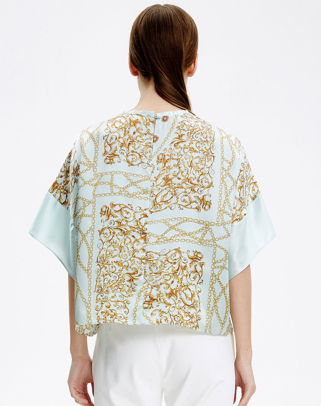 粉绿飘逸阔袖印花真丝素绉缎时尚短套衫