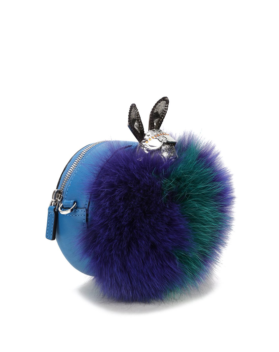 mcm女款兔子毛球装饰圆形斜挎包湖蓝色