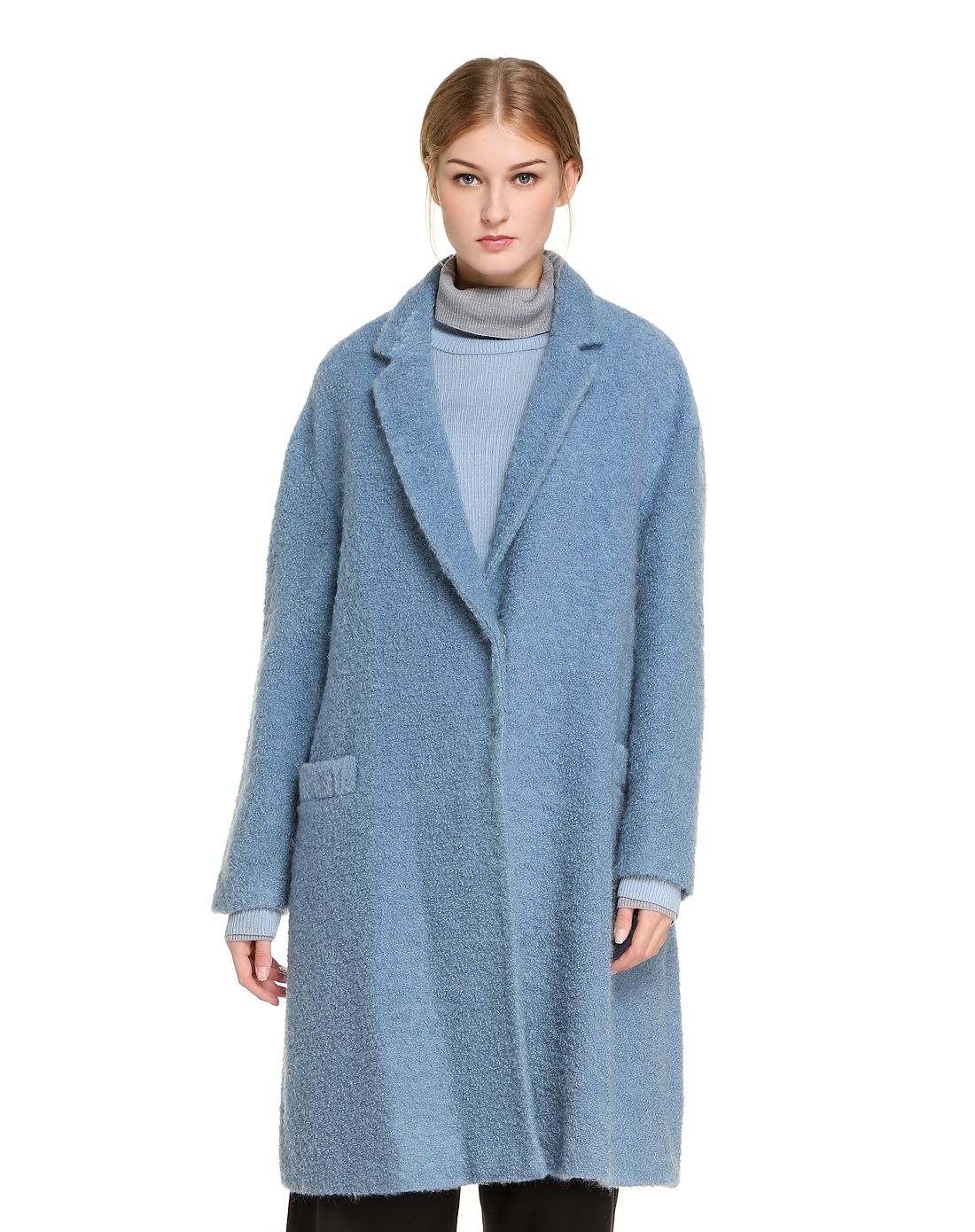 深蓝灰色松身时尚长袖大衣