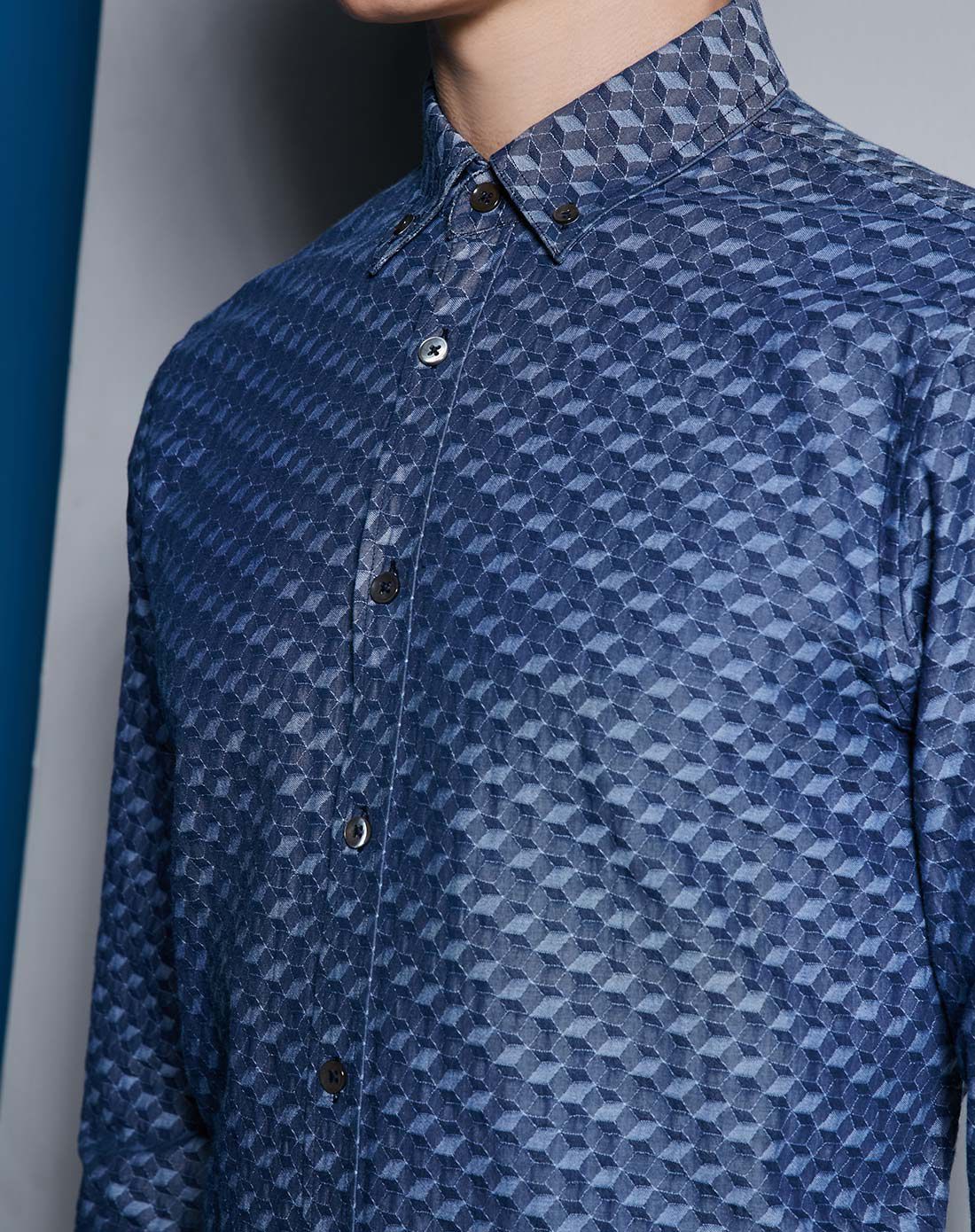 立体方块花纹时尚帅气休闲长袖衬衫