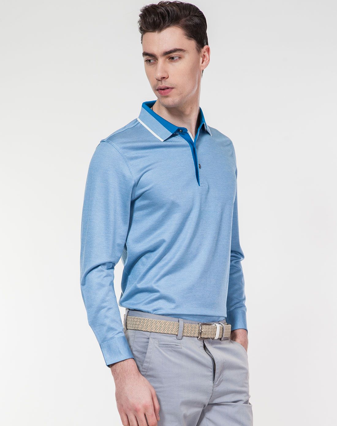 桑蚕丝棉男士蓝色长袖t恤