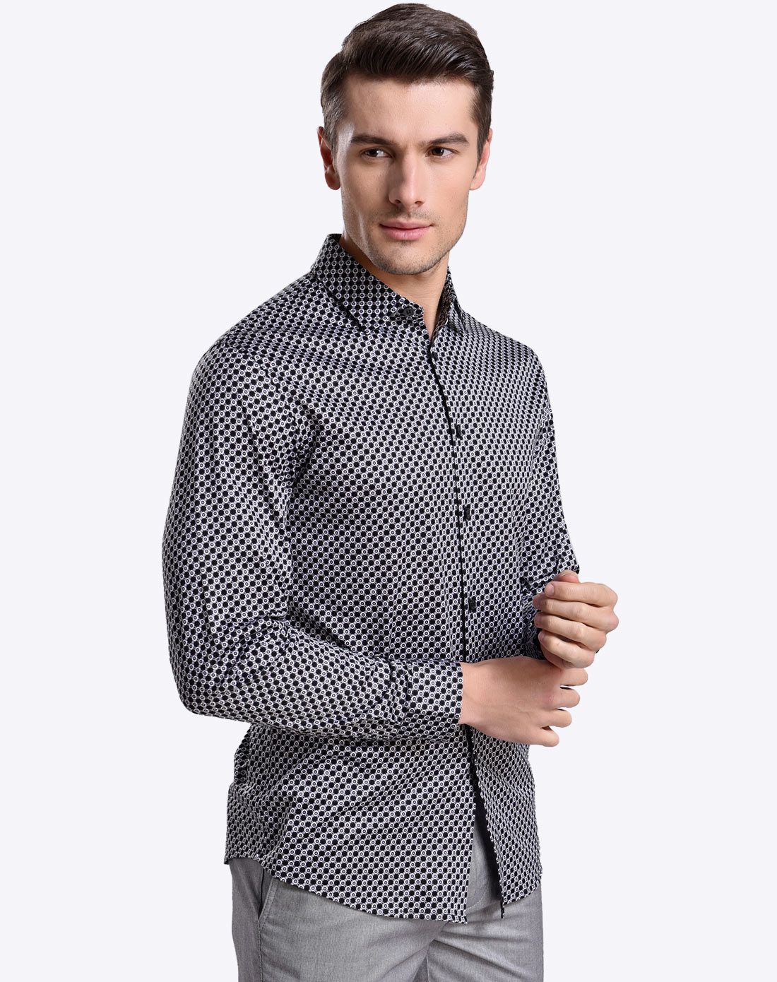 黑色提花全棉舒适都市时尚开襟衬衫