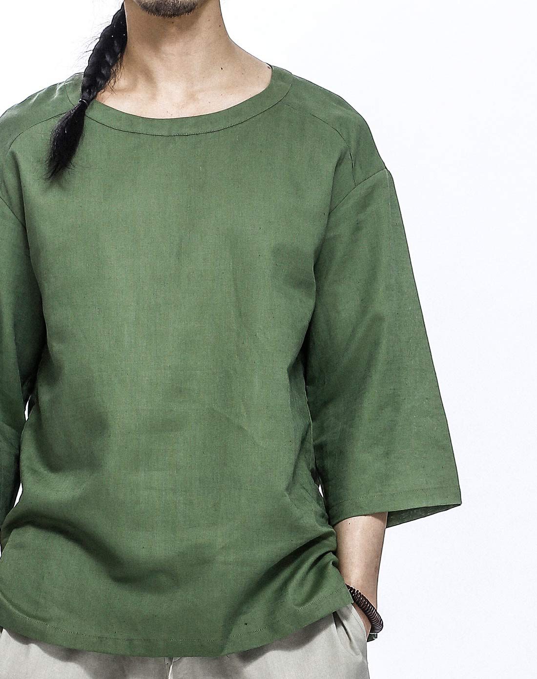 绿沉色时尚纯色棉麻t恤