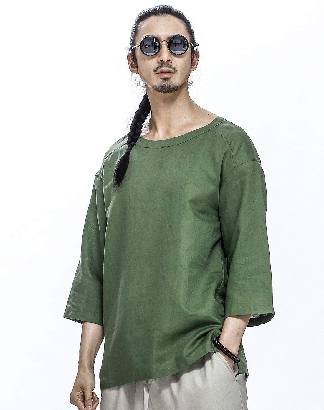 绿沉色时尚纯色棉麻t恤