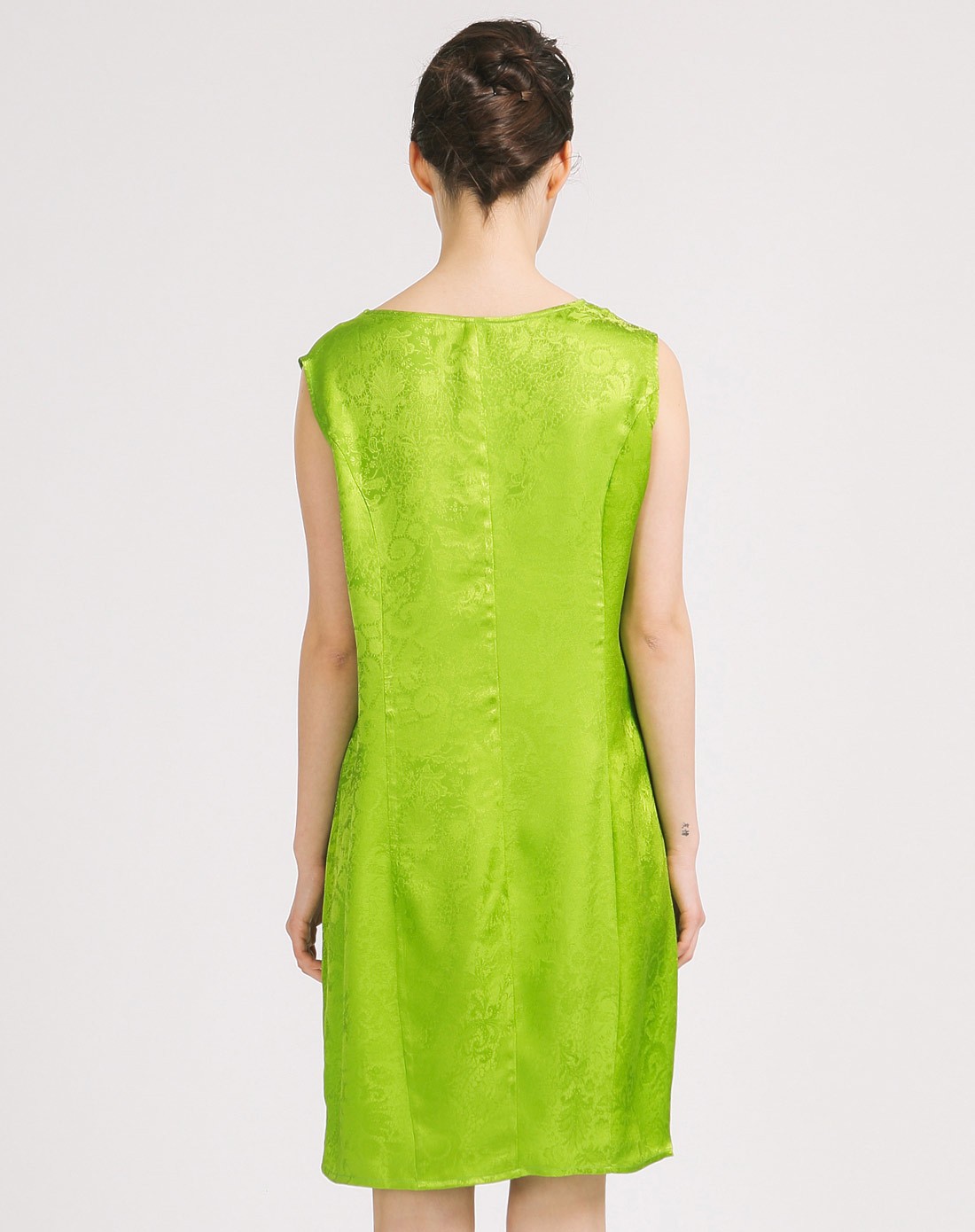 voa维欧艾丝绸翠绿色圆领无袖桑蚕丝夏基础短款迷你提花真丝连衣裙