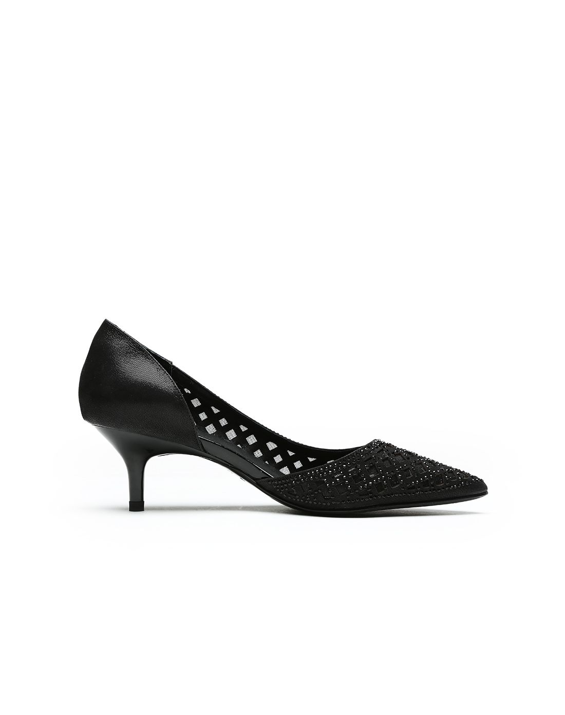 金狐狸fox黑色布纹羊皮/纱网水钻镂空单鞋61xcf166006he_唯品会