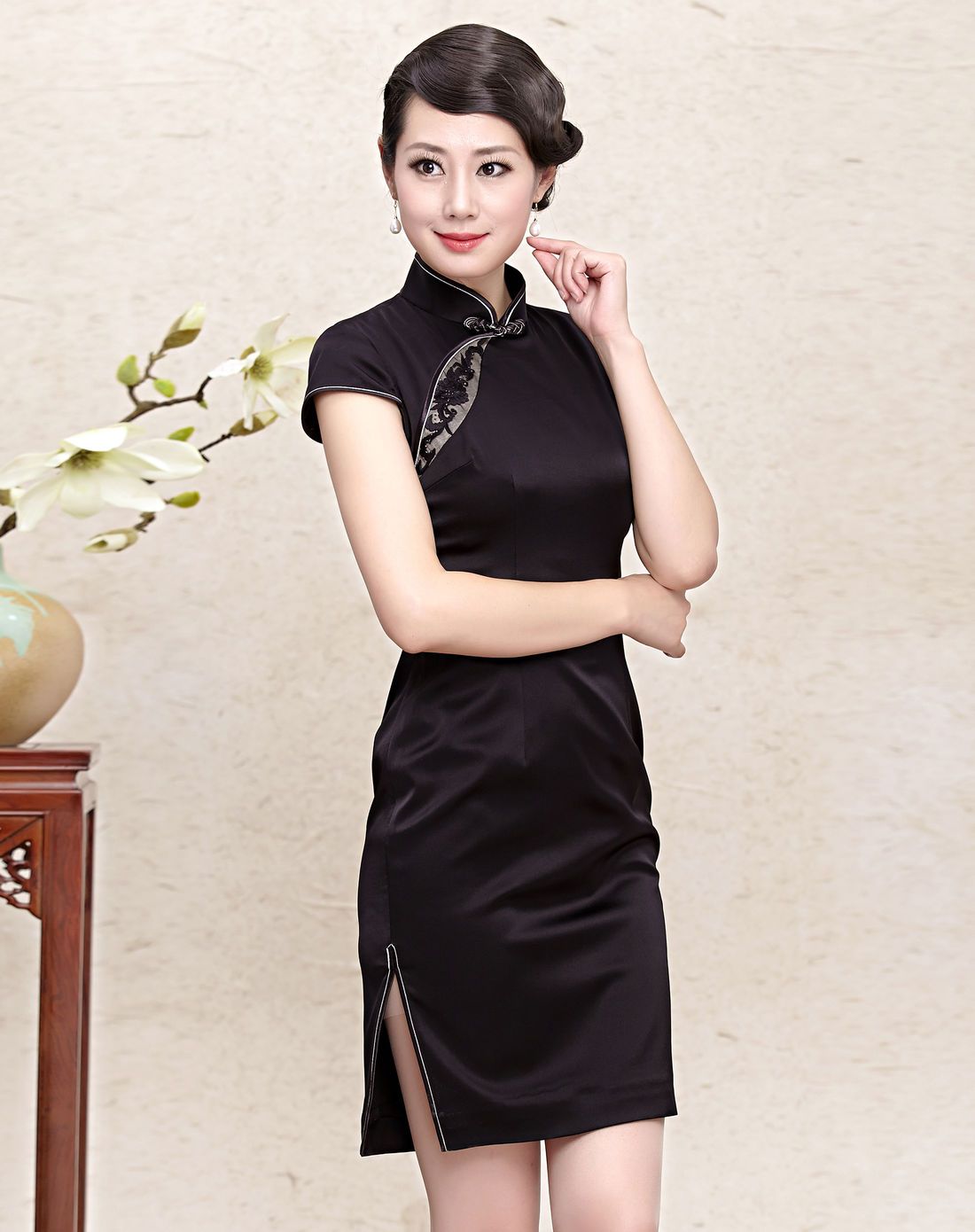 今典旗袍专场女款黑色真丝旗袍q53100999_唯品会