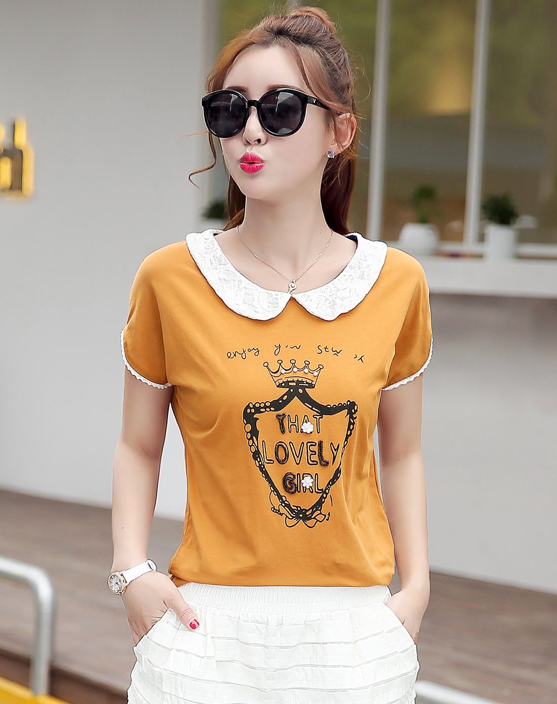 女款桔色前胸印花娃娃领短袖