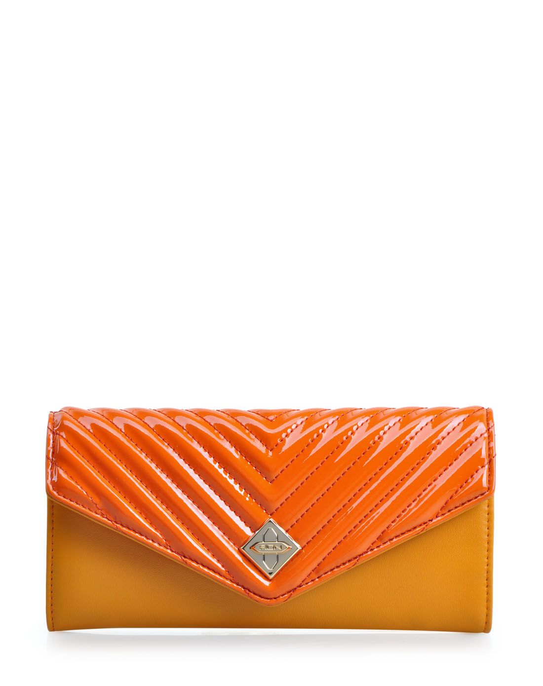 女款橙色撞色时尚牛皮长款钱包