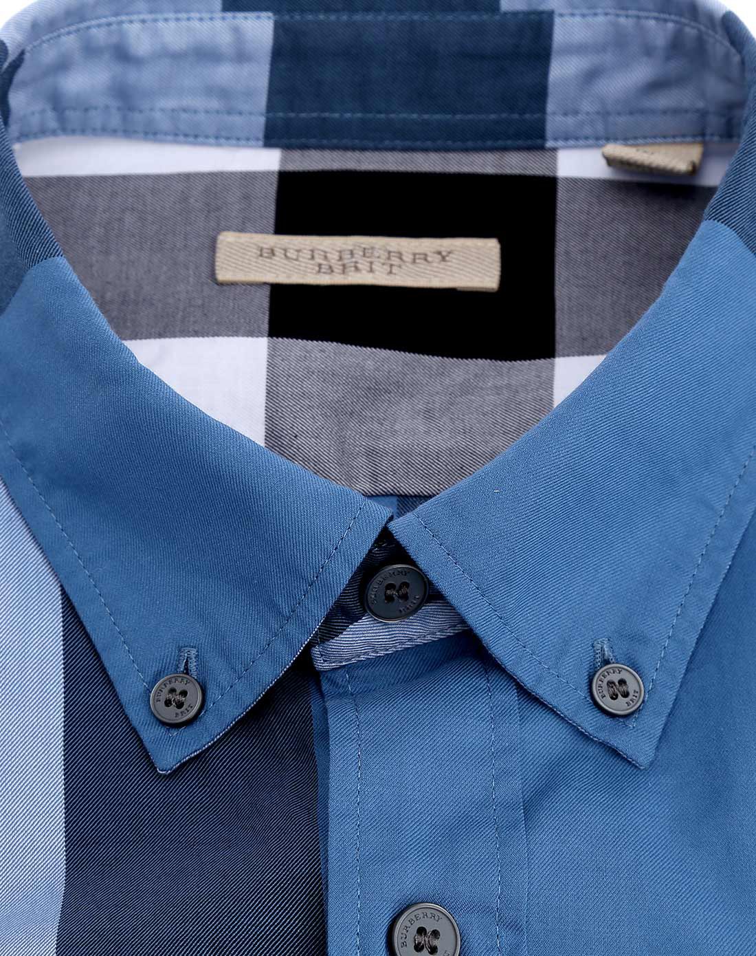 burberry男士蓝色修身格纹长袖衬衫
