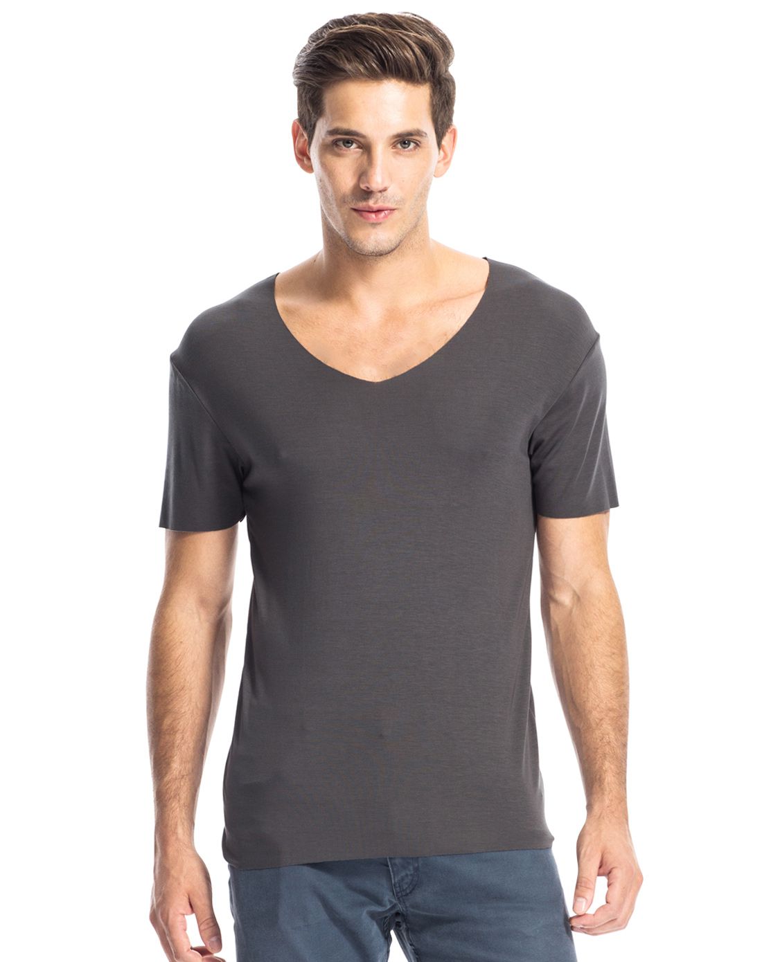 男军绿莫代尔无痕v领短袖衫