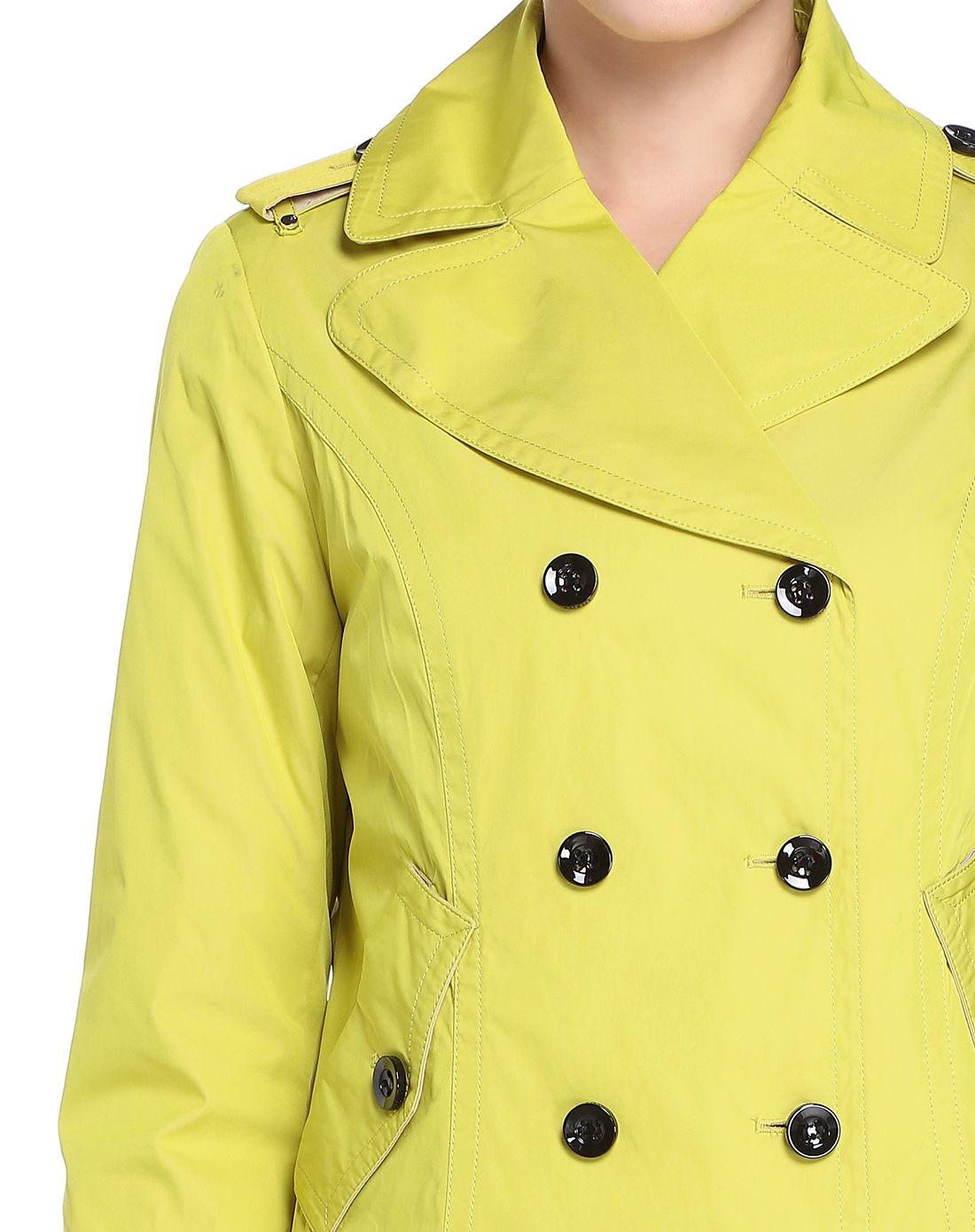 黄绿色双排扣简洁长袖风衣